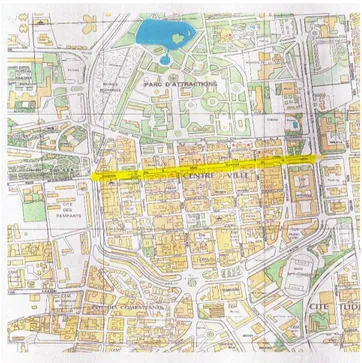 Figure I.1 : Sétif : plan des rues disposées en damier du centre-ville .Ech : 1/5000.    (La rue du 8 mai est représentée en jaune)