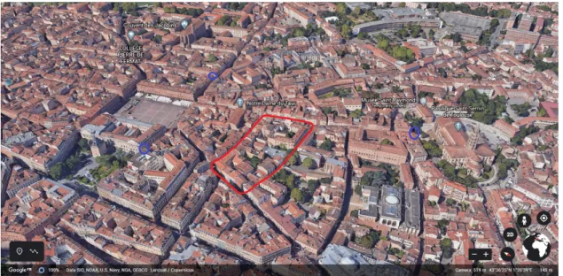 Figure 4. 3D Image of the Urban Scenario with the mobile agent’s real trajectory (red), and the three LTE antennas (blue circles).