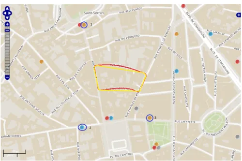 Figure 5. 2D map of the urban scenario with the agent’s real trajectory (red), the simulated trajectory (yellow), and the LTE antennas with their labels (blue circles).