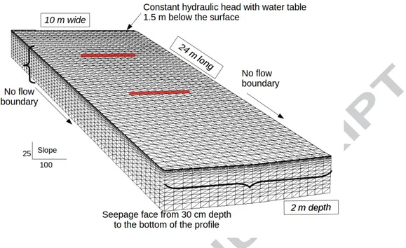 Figure 5: 3D mesh of the simulated area with applied boundary conditions for the CATHY model (mesh: 50 cm * 50 cm and 15 soil layers)