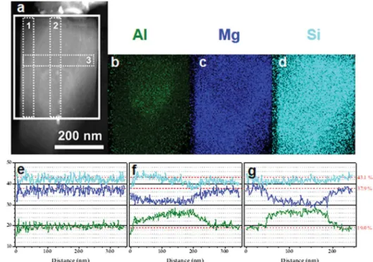 Fig. 4 – HAADF STEM image of the elongated part of the nucleus (a) and EDS mappings of Al (b), Mg (c) and Si (d) obtained from the white bold rectangle in a; EDS line-scans labelled 1 (e), 2 (f) and 3 (g) in (a) showing the change in content of the same th