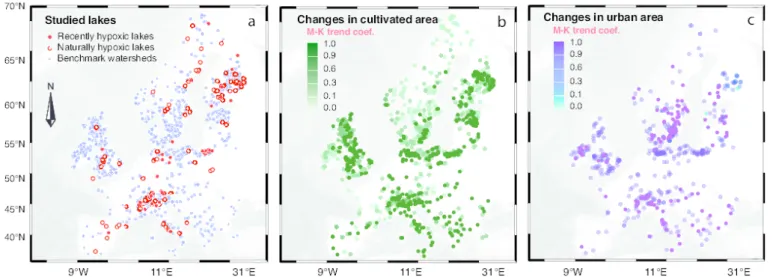 Fig. 1. Location of the 1,607 study sites and changes in land cover over the last 300 years (CE 1700-2000)