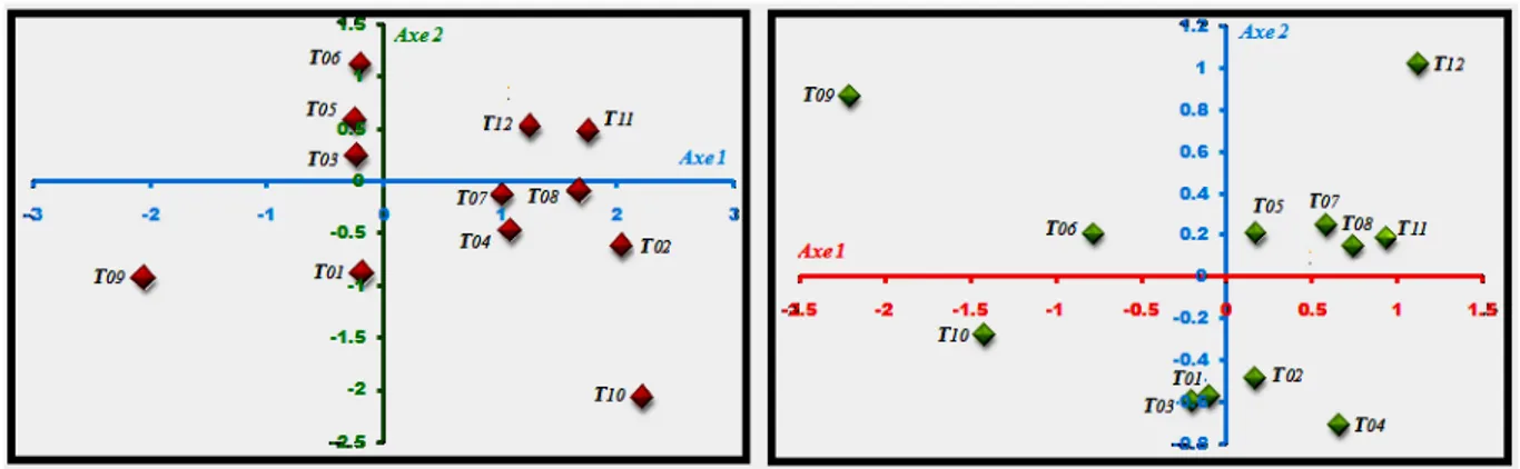 Figure 2 : Position des troupeaux mâles et femelles sur les deux premiers axes discriminants
