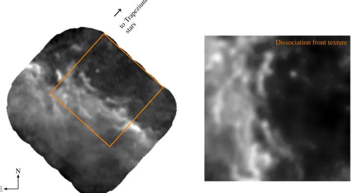 Figure 3. Left: ALMA image of HCO + (4–3) line peak in the Orion Bar (Goicoechea et al