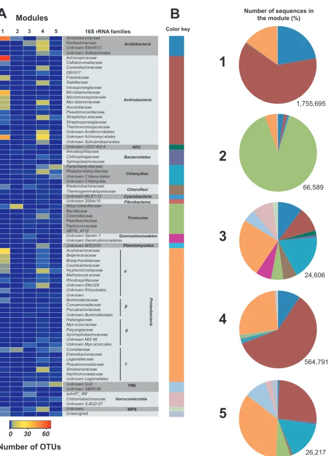 FIG 4 Taxonomic composition of the five modules defined by the covariance of the 16S rRNA OTU time series in the soil