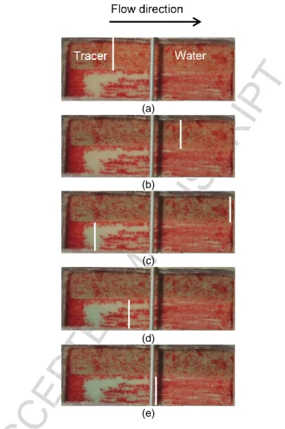 Figure  7  –  Photos  of  the  tracer  test  carried  out  in  the  contaminated  sandbox,  the  white  lines  indicate  the  position of the tracer front after (a) 0.5 PV, (b) 1 PV, (c) 1.5 PV, (d) 2  PV and (e) 2.9 PV (1PV is  453 mL)