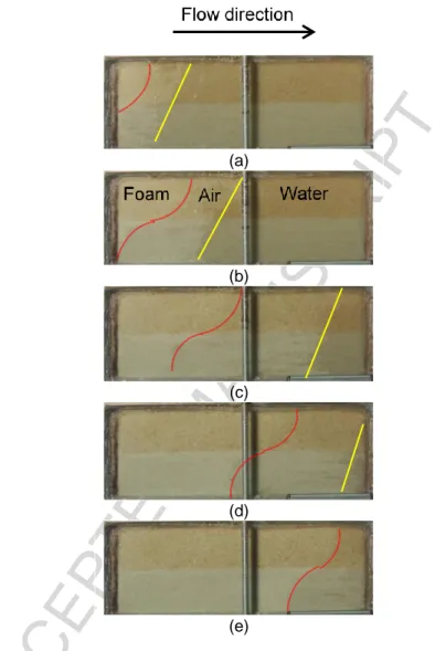 Figure 9  – Photos of foam injection experiment in uncontaminated sandbox after (a) 1 min, (b) 5 min, (c) 29  min, (d) 59 min and (e) 2 hours 5 min