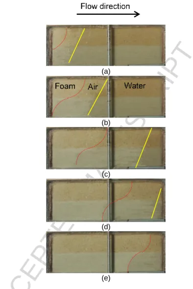 Figure 9  – Photos of foam injection experiment in uncontaminated sandbox after (a) 1 min, (b) 5 min, (c) 29  min, (d) 59 min and (e) 2 hours 5 min