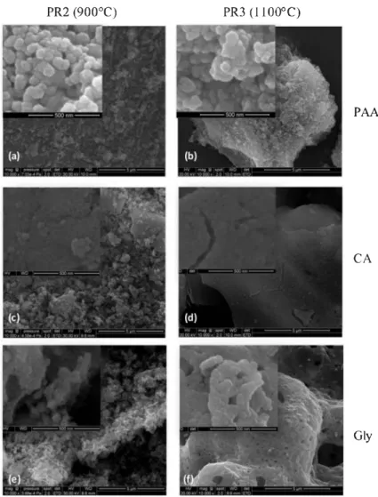 Fig.  10. SEM micrographs of samples obtained at 900 ° C (a,c,e) and 1100 ° C (b,d,D with different complexing agents