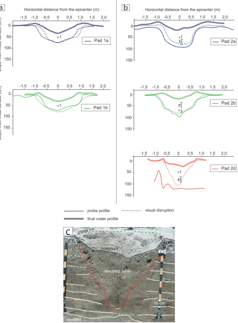 Fig 5 Subsurface structure profiles. a) Final probe profiles and visual disruption profiles in Pad 1a and 1b