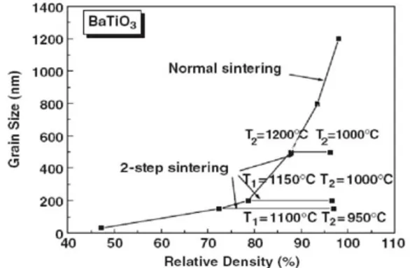 Fig. 9 Comparaison de l’évolution de la taille  des grains de BaTiO 3  (initialement de 30 nm) 