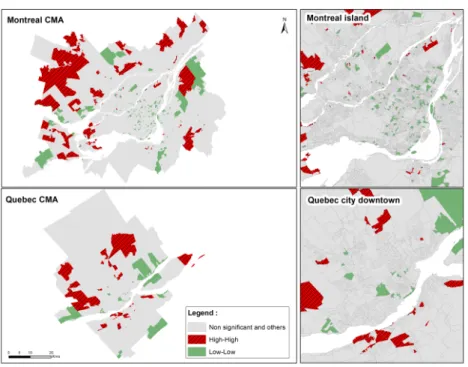 Figure 3. Bivariate local Moran maps of cerebrovascular standardized morbidity rates and distance 