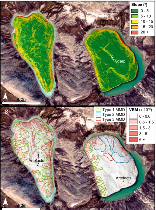 Figure 4. (a) Slope map and (b) vector ruggedness measure (VRM), where higher VRM values indicate more rugged lake ﬂoor surface and distribution of the different types of MMDs.