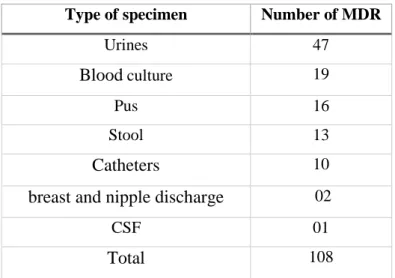 Table 7. Distribution of MDR isolates according to the biological sample   Type of specimen  Number of MDR 