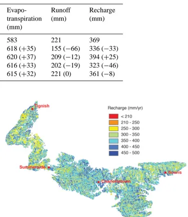 Table 7. Summary of mean annual temperature and hydrologic cycle components (precipitation, evapotranspiration, surface runoff and groundwater recharge) simulated with the HELP model for the historical period (1970-2001) and the four climate scenarios (204