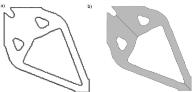 Fig. 4 Post processing of optimized design, a) Obtained boundaries by Gaussian filter and thresholding [28], b) Transferred design to COMSOL Multiphysics