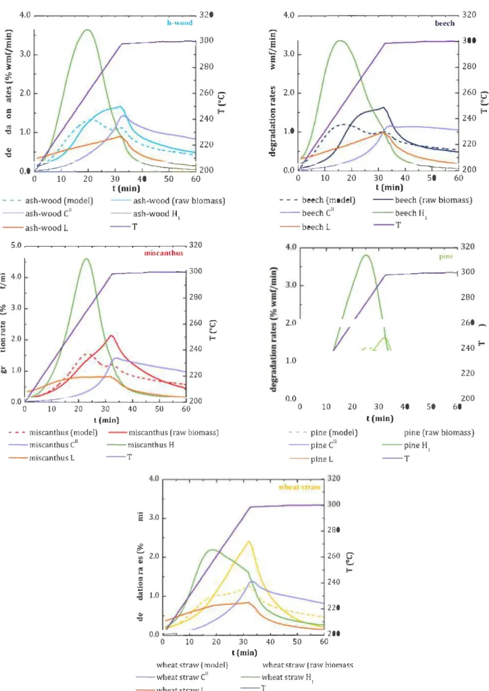 Fig. 6. Degradation rates in function of time and temperature obtained for torrefaction in TGA-GC/MS of raw biomasses, c", H 1  and L fractions, compared to simulated values 