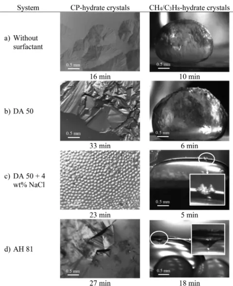 Figure 3 shows snapshots of hydrate formation, which were taken at the w/o interface, without and with surfactant