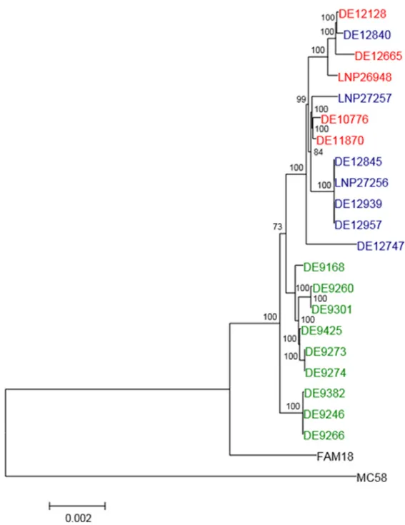 Fig 1. Whole genome sequence based phylogenetic tree. The neighbor-joining tree was calculated from 1,056 concatenated and multiple aligned core genome genes shared by all studied isolates