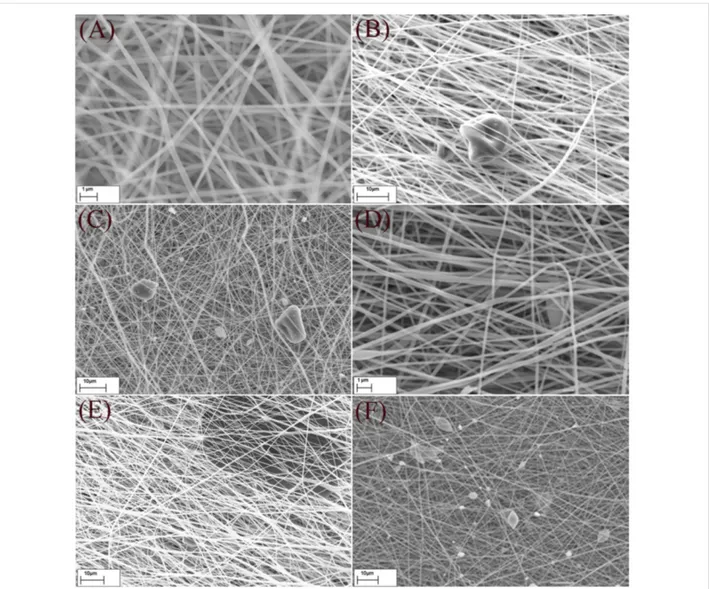 Figure 2: SEM micrographs of NFMs, A) smooth and randomly oriented fibers in NFM-0%, B &amp; C) entrapment of biochar among fibers in NFM-0.5%