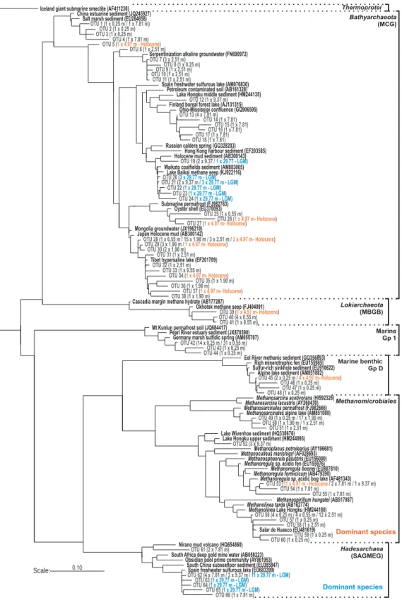Figure 5. Maximum likelihood phylogenetic tree of archaeal 16S rRNA gene sequences (900 bp) recovered at 0.25, 0.55, 1.90, 2.51, 4.97, 7.81, 9.37 and 29.77 m sediment depth