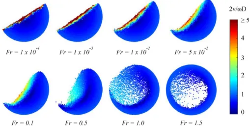 Figure 12. Stead-state flow patterns at different Froude numbers for tumbler simulations where d = 1 mm, μ r = 0.09, and g = 1g o 