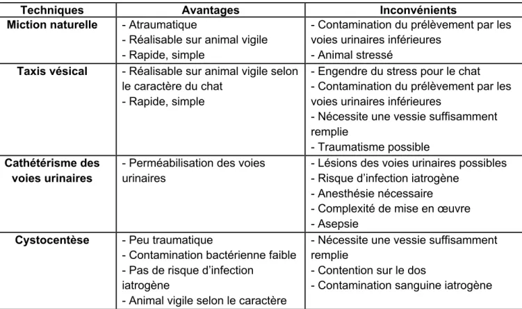 Tableau 1 : Avantages et inconvénients des différentes techniques de prélèvement urinaire chez  le chat