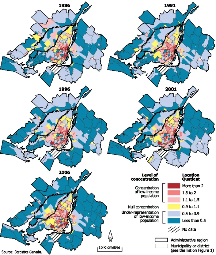 Figure 2. Location quotients of relative poverty in Montreal CMA at census tract level  (1986-2006)