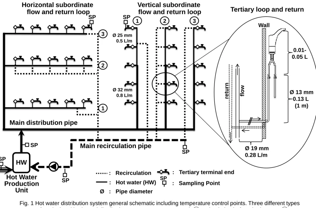 Fig. 1 Hot water distribution system general schematic including temperature control points