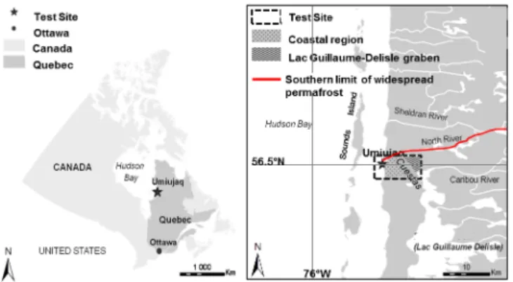Figure 2. Location of the study area in the vicinity of Umiujaq, northern Quebec, Canada (left), and the distribution of the two main types of landscape (right): the coastal region to the west of the  cues-tas and the Lac Guillaume-Delisle graben to the ea