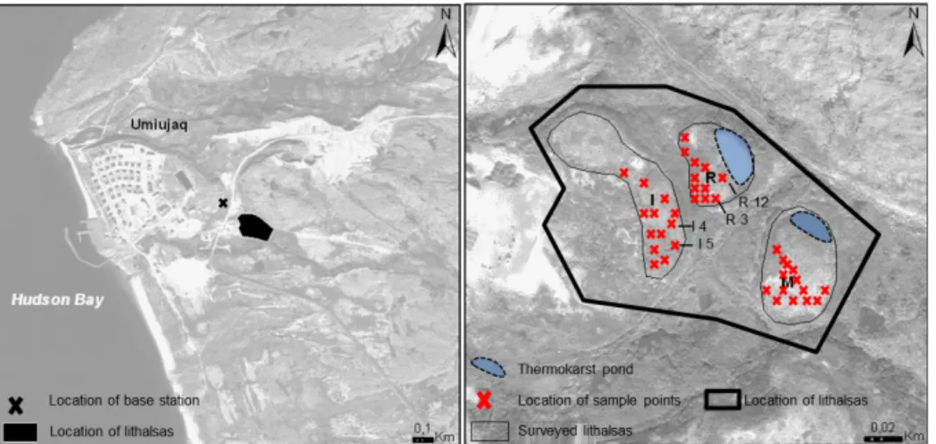 Figure 3. Left: location of the surveyed lithalsas and the base station, southeast of Umiujaq (background: GeoEye image from 25 Septem- Septem-ber 2009)