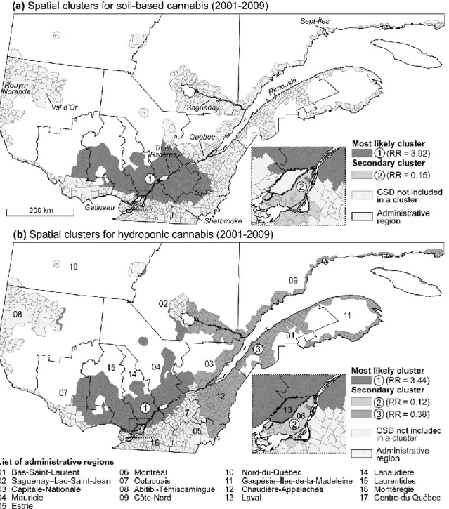 Figure 1. Spatial clusters identified by the Kulldorff statistic for both methods of cannabis cultivation  for the period including 2001 to 2009 (T all ) 