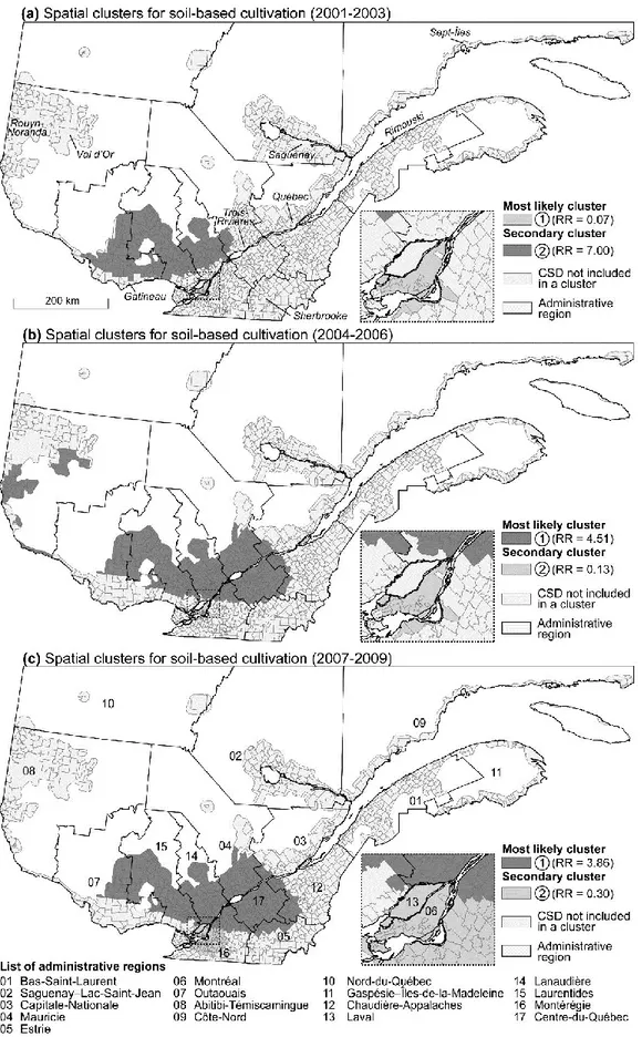 Figure 2. Spatial clusters identified by the Kulldorff statistic for soil-based cannabis cultivation for the  three subperiods (T 1 , T 2  and T 3 ) 