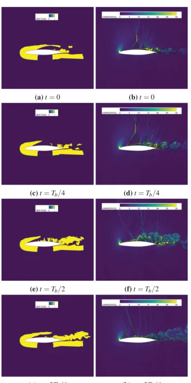 Figure 3.5: Variation of the DES flag (left) and the gradient density magnitude (right) over one buffet period T b on the mid-span xz section with DOES; DES mode