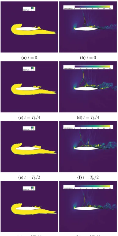 Figure 3.15: Variation of the DES flag (left) and the gradient density magnitude (right) over one buffet period T b on the mid-span xz section with DOES+F; DES