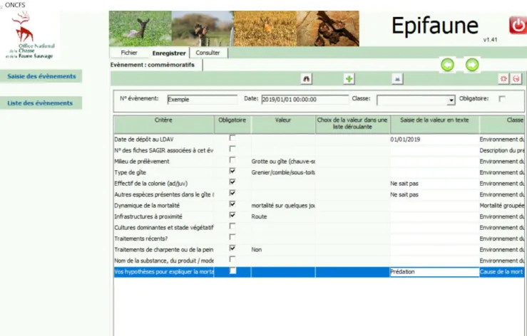 Figure 3 – Capture d’écran de la page d’Epifaune à compléter avec les informations propres à l’évènement 