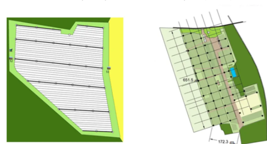 Fig. 1. Study sites and Installation data logger network; left the vineyard (20 m resolution) right Orchard (50 m resolution)