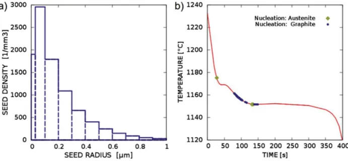 Fig. 4. a) Calibrated seed distribution for graphite nucleation, b) nucleation events in sample M13.