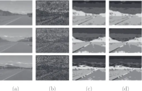 FIGURE 9. On (a) the true images; on (b) the pre-segmented images into roughly 1000 super-pixels; on (c) the results of segmentation with the SMC applied to the HDP-Potts for the estimation of γ with N bi = 16; on (d) the results of segmentation with the H