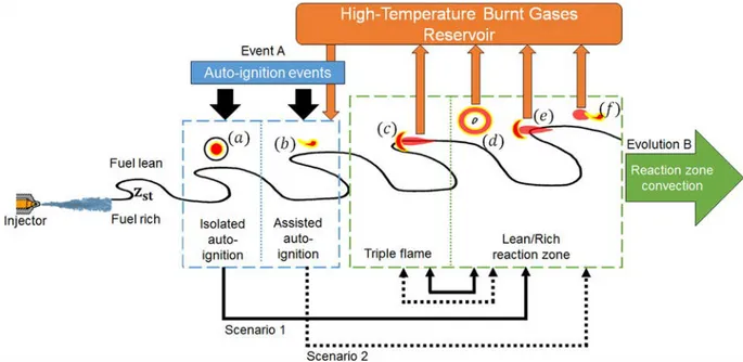 Fig.  15. Sketch illustrating the conceptual model of ﬂame stabilization under Diesel condition derived from optical diagnostics and DNS.