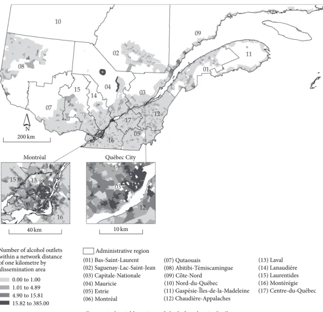 Figure 1: Spatial locations of alcohol outlets in Qu´ebec.