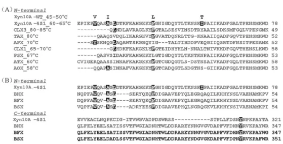 Figure 5. (A) Partial alignment of the N-terminal sequences of  wild-type Xyn10A, variant 4S1 and other  fungal thermostable GH10 xylanases