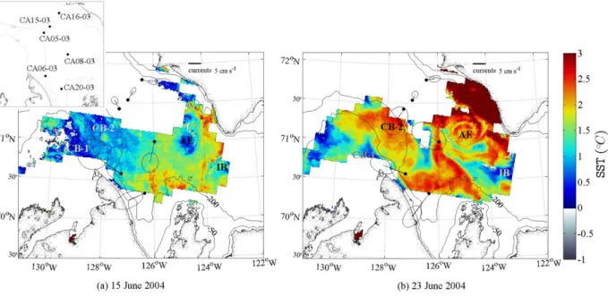 Figure 7. Sea-surface temperature (SST) from the Advanced Very High Resolution Radiometer for (a) 15 June (second week of survey) and (b) 23 June 2004 (third week of survey)