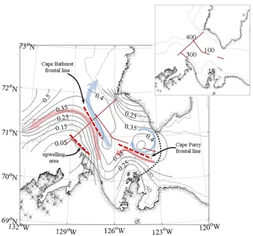Figure 8. Horizontal distribution of dynamic height at 5 m (ordinary kriging) and schematic representation of the near-surface dynamics in Amundsen Gulf in spring 2004