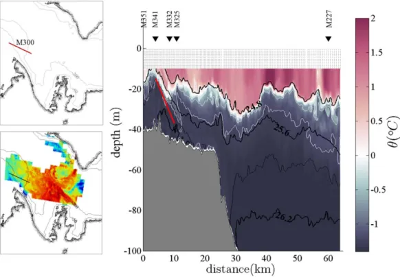 Figure 9. Vertical distribution of potential temperature obtained by cubic interpolation along MVP line M300 (from west to east, sampled on 20–21 June 2004)