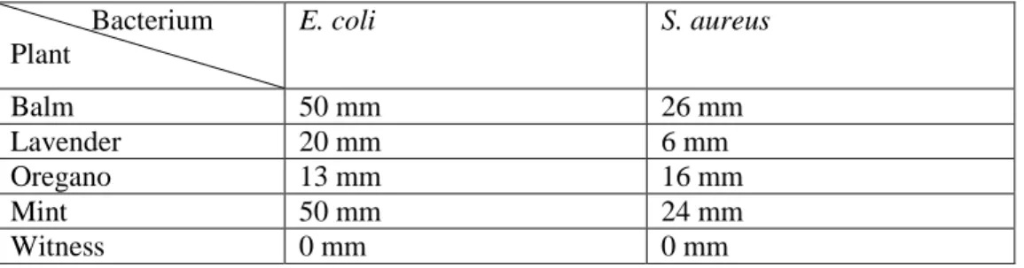 Table 5: Action of different solutions of alcoholic maceration on the growth of E. coli and 