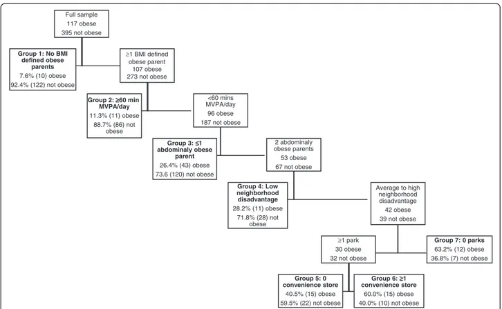 Figure 1 Classification tree obtained from recursive partitioning analysis of individual, familial, and neighborhood factors * in 512