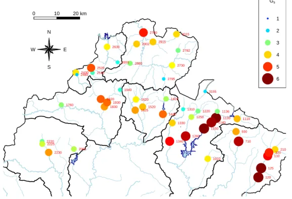 Figure 7: Spatial variation in the growth rate. Daily growth rate was modelled as the product of 3 terms: size-dependence, temperature-dependence, and other sources of variation (G 0 s,y )