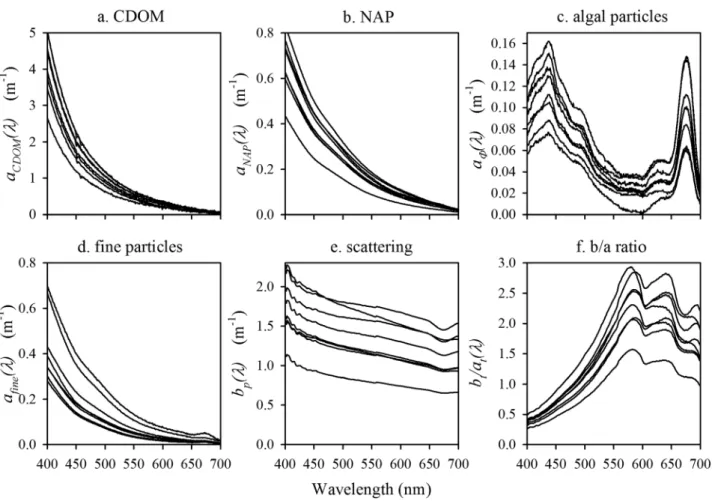 Figure 4. Spectral proﬁles of inherent optical properties: the absorption coefﬁcients of (a) colored dissolved organic matter (CDOM), (b) nonalgal particulate matter (NAP), (c) algal par- par-ticles, (d) ﬁne parpar-ticles, (e) the scattering coefﬁcient of 
