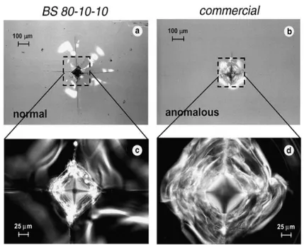 Figure 2.5: Morphologie d’empreintes produites dans l’eau, avec un indenteur d’angle  64 , a) sur verre BS 80-10-10 b) sur verre commercial [MASS 04].